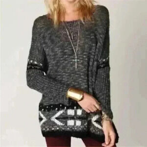 Free People Mohair Dark Grey Fair Isle Chunky Knit Sweater Women’s Size XS